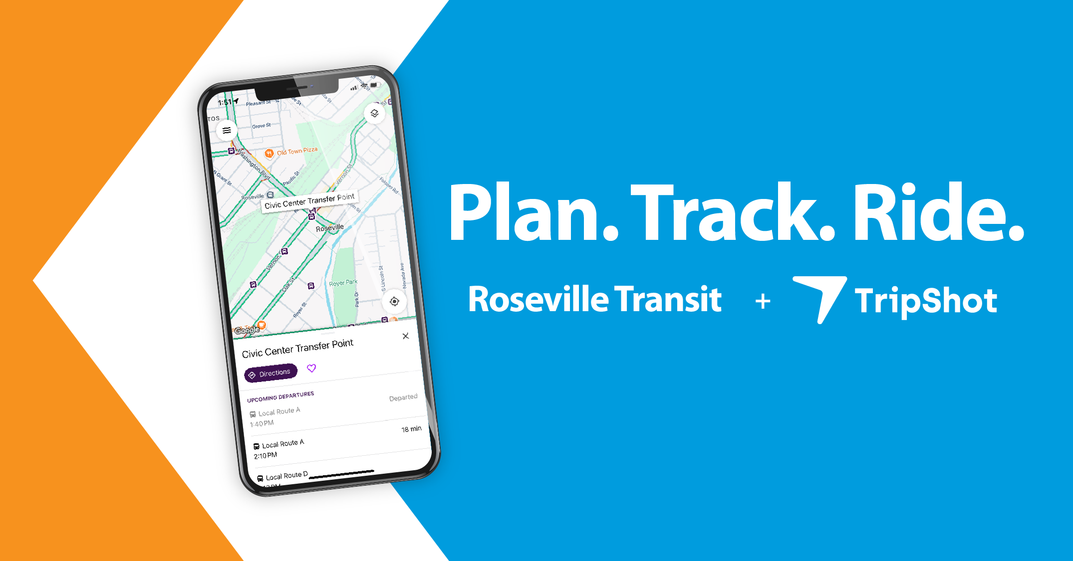 A mobile phone displaying the TripShot app next the words Plan. Track. Ride. above the Roseville Transit logo and TripShot logo